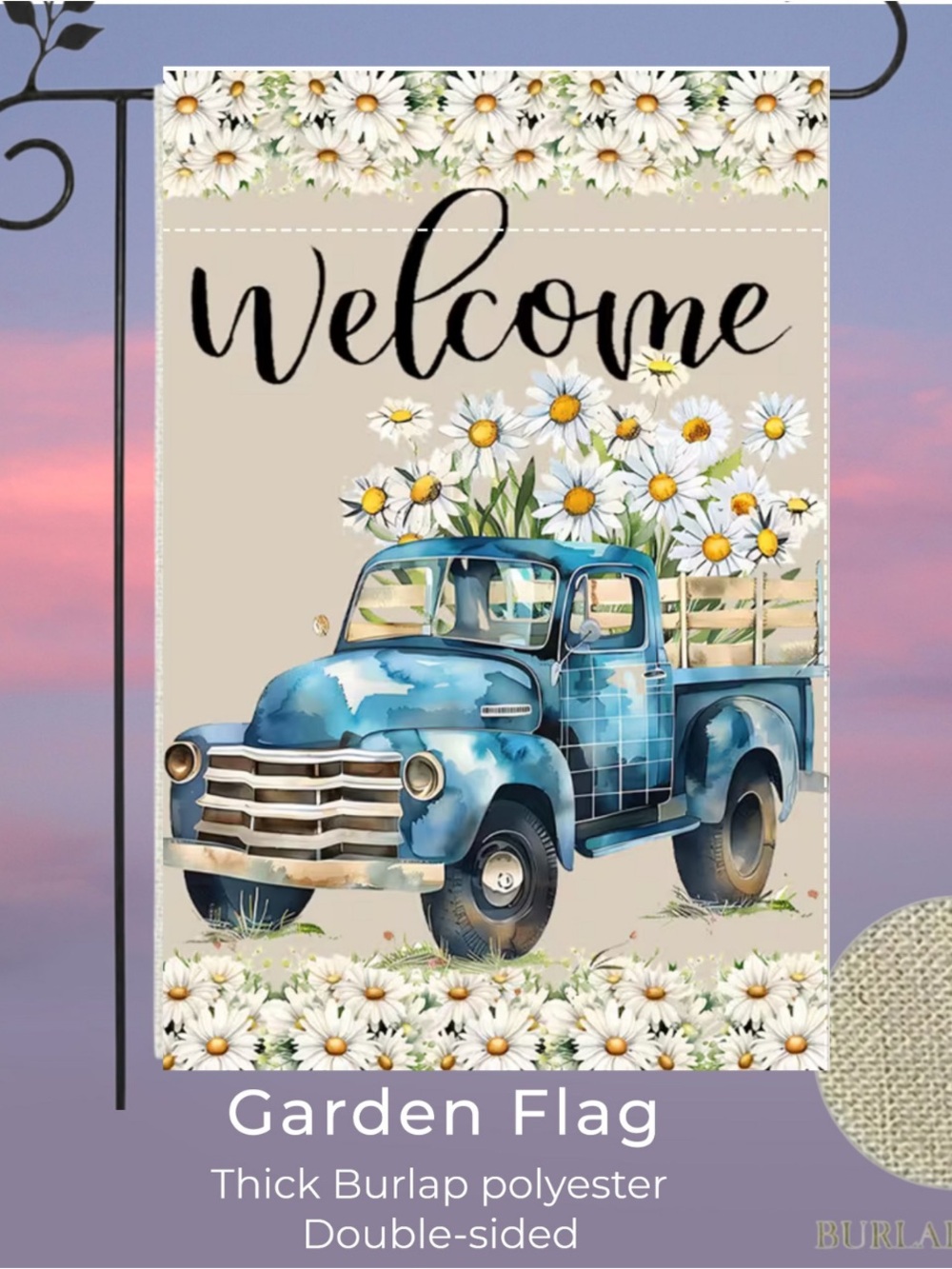Welcome Blue Truck Daisies Garden Flag, burlap, approximately 12x18 inches